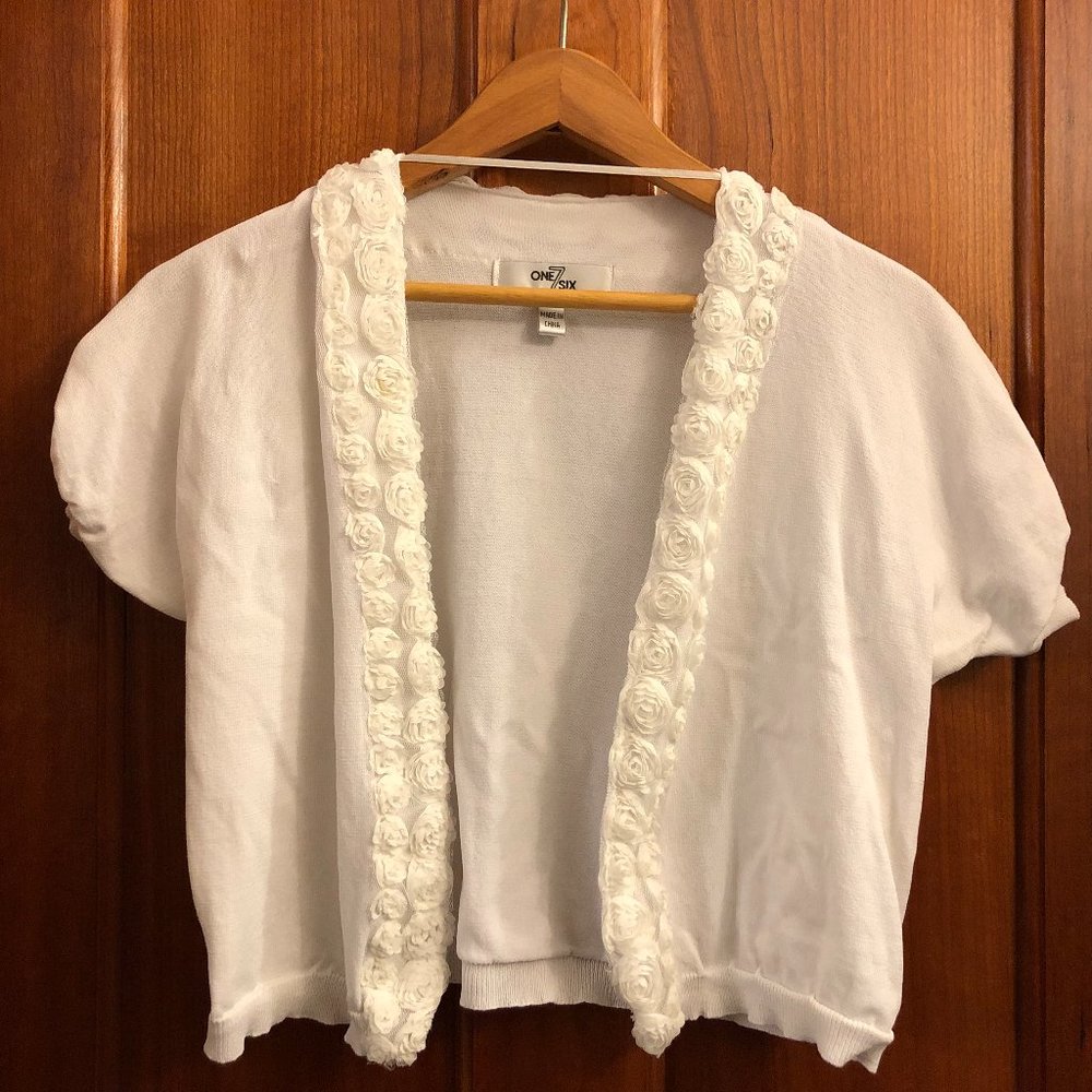One 7 Six White Rosette Shrug